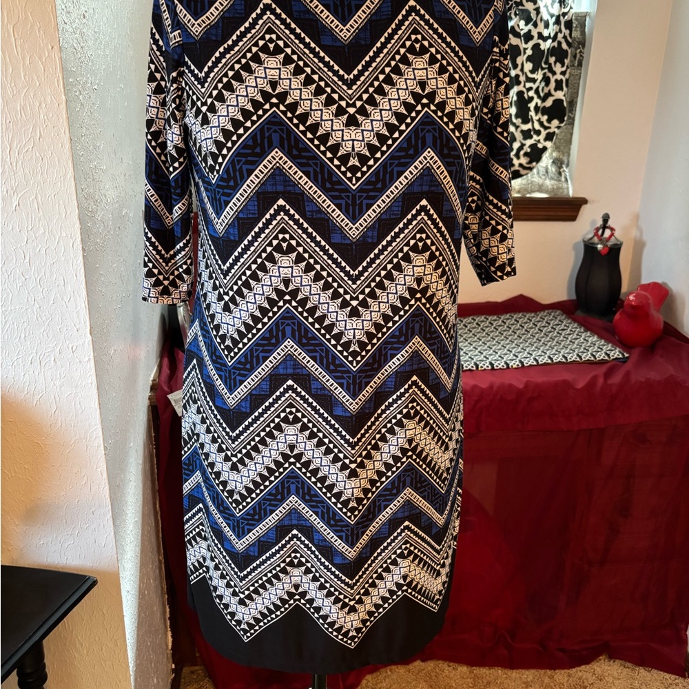Studio One Blue Black and White Chevron Midi Dress